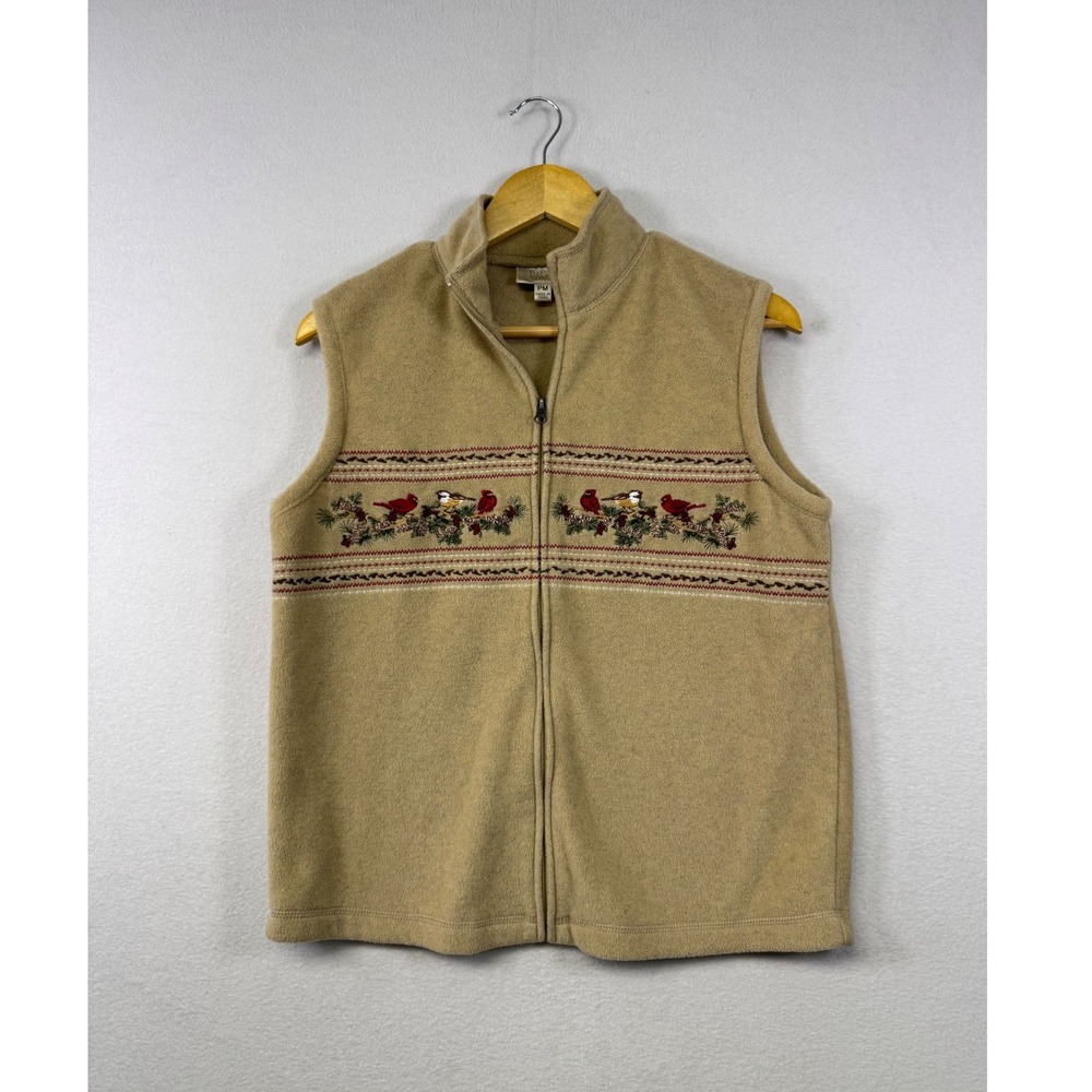 Baxter & Wells Fleece Vest Women PM Tan Bird Embroidered Zip Front Vintage‎